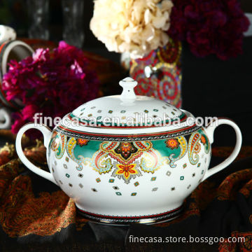 Luxury Fine Hyper White Porcelain 3.5L Ceramic Soup Tureen with Lid of Paisley